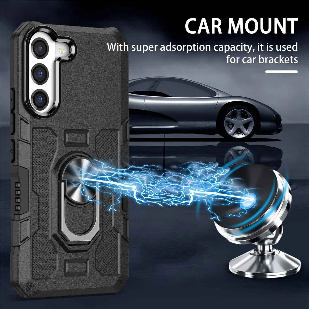 For Samsung Galaxy S22 5G Anti-drop Phone Case Ring Holder Kickstand Protective Phone Cover Built-in Metal Sheet - Black - 5