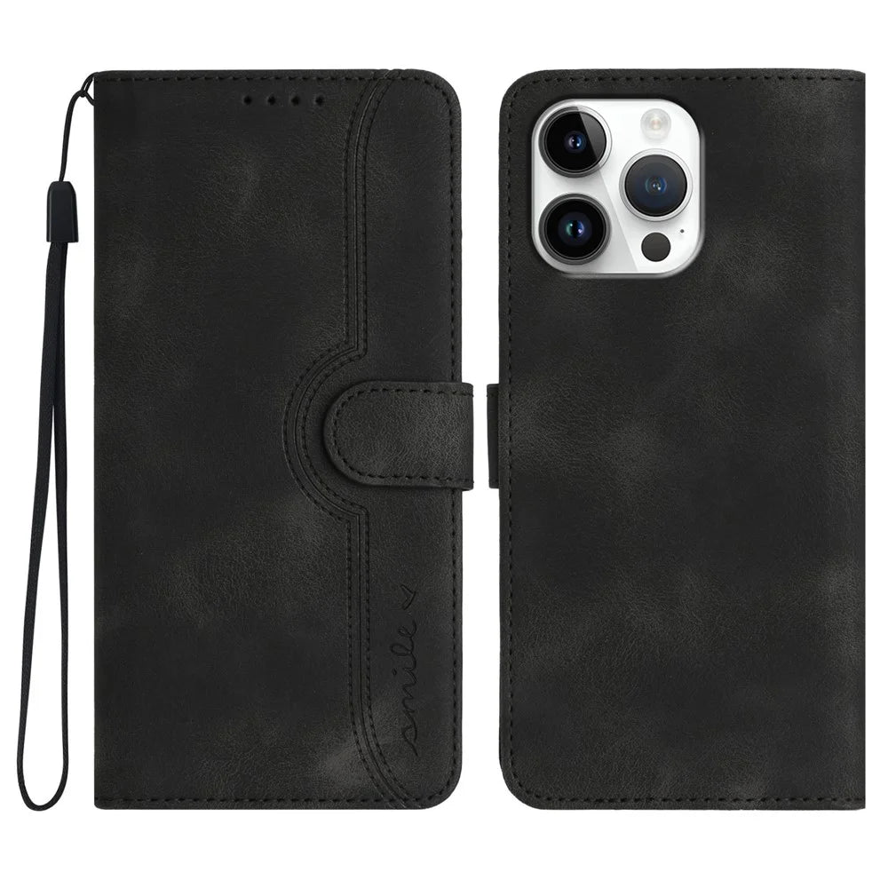 YX0030 For iPhone 16 Pro Max Case PU Leather Wallet Phone Cover Smile Letter - Black - 1