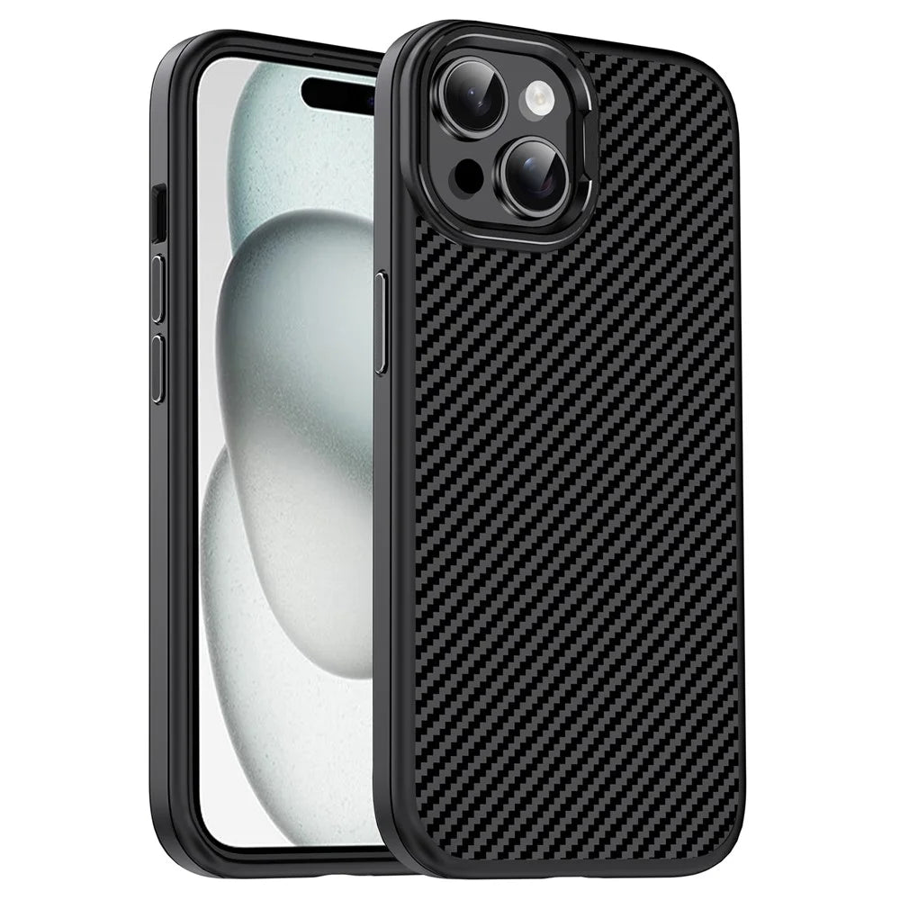 IPAKY For iPhone 15 Case Carbon Fiber Texture Anti-Drop TPU Phone Cover - Black - 1
