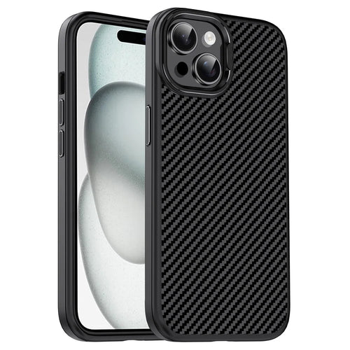 IPAKY For iPhone 15 Case Carbon Fiber Texture Anti-Drop TPU Phone Cover - Black - 1