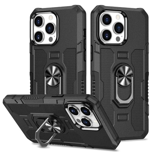 For iPhone 14 Pro Max Shockproof Phone Case Rotatable Ring Holder Kickstand Protective Phone Cover - Black - 1