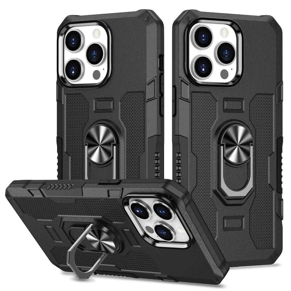 For iPhone 14 Pro Max Shockproof Phone Case Rotatable Ring Holder Kickstand Protective Phone Cover - Black - 1