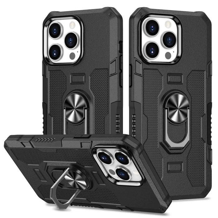 For iPhone 14 Pro Max Shockproof Phone Case Rotatable Ring Holder Kickstand Protective Phone Cover - Black - 1