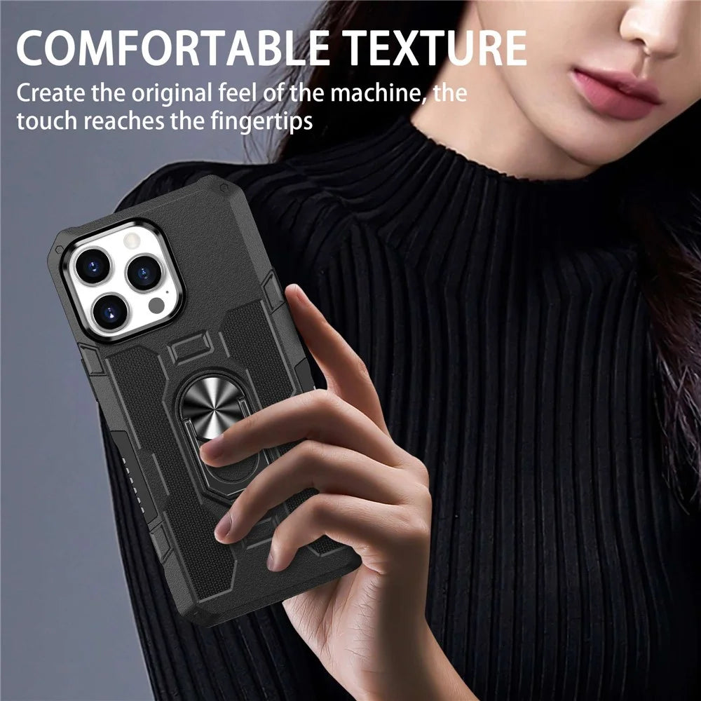 Kickstand Phone Cover For iPhone 14 Pro, Scratch-Resistant PC + TPU Phone Case with Metal Ring Holder Built-in Metal Sheet - Black - 3