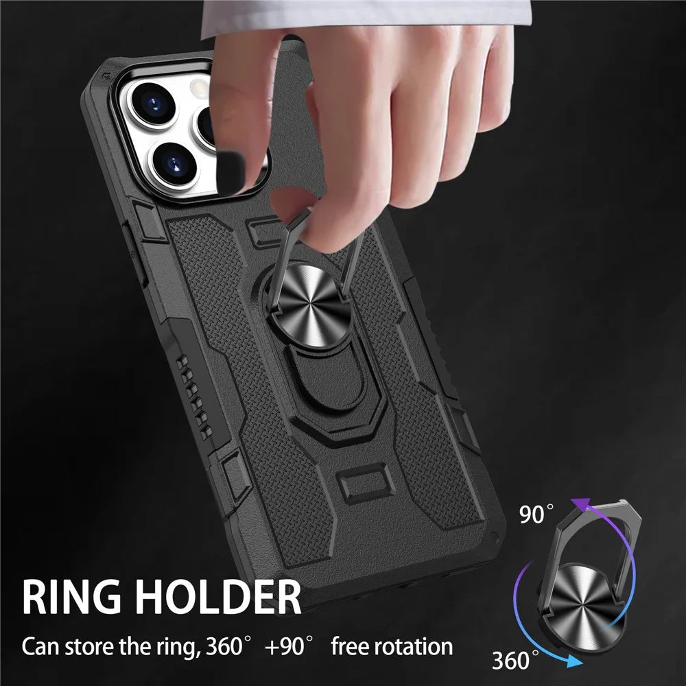Kickstand Phone Cover For iPhone 14 Pro, Scratch-Resistant PC + TPU Phone Case with Metal Ring Holder Built-in Metal Sheet - Black - 7