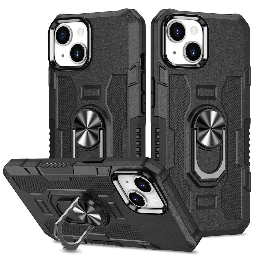 Anti-drop Phone Cover Kickstand For iPhone 14, Skin-friendly PC + TPU Phone Case with Metal Ring Holder Built-in Metal Sheet - Black - 1