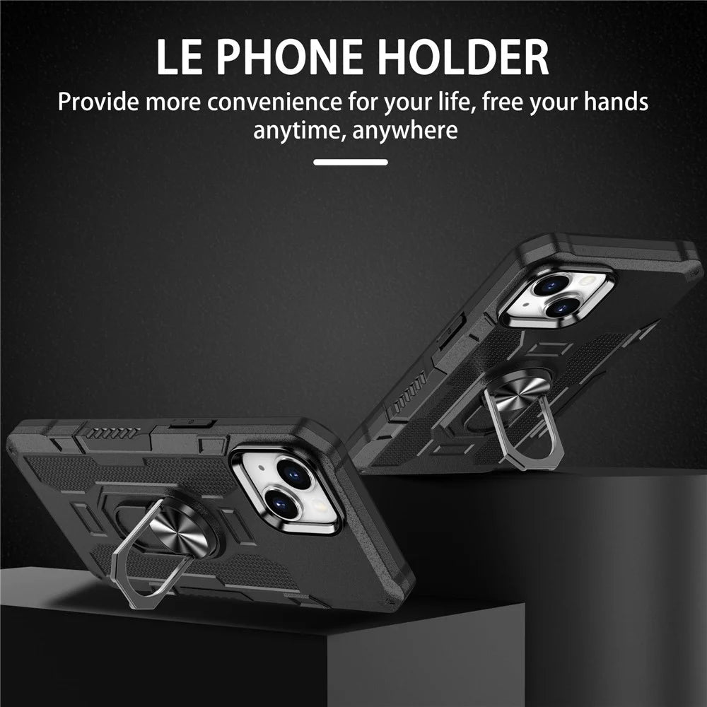 Anti-drop Phone Cover Kickstand For iPhone 14, Skin-friendly PC + TPU Phone Case with Metal Ring Holder Built-in Metal Sheet - Black - 2