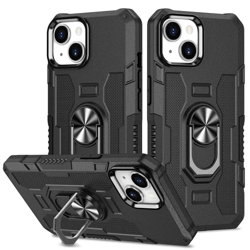 Anti-drop PC + TPU Phone Cover For iPhone 14 Plus, Anti-wear Phone Case Kickstand with Metal Ring Holder Built-in Metal Sheet - Black - 1