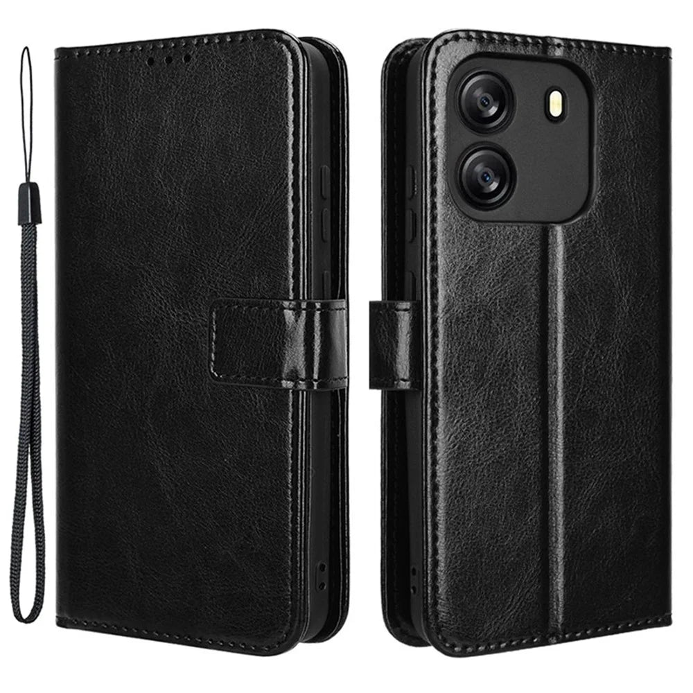 For Blackview Wave 6C Case Crazy Horse Texture Leather Phone Cover Horizontal Viewing Stand - Black - 1