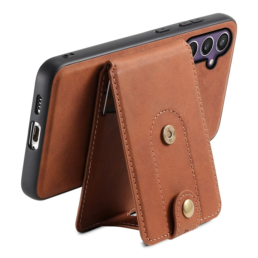 DENIOR D14 For Samsung Galaxy S24 Magnetic Case Card Slots Kickstand Phone Cover - Brown - 3