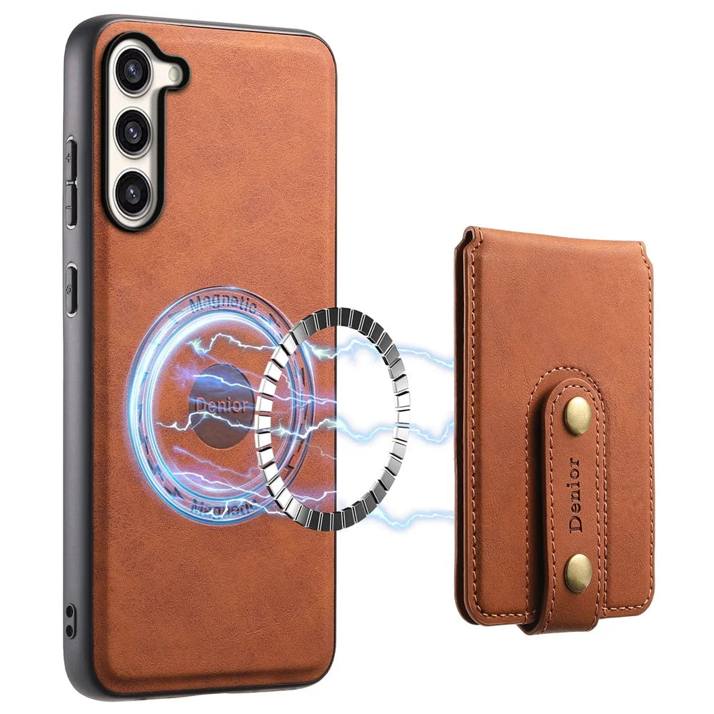 DENIOR D14 For Samsung Galaxy S23+ Kickstand Case Card Holder Phone Cover Magnetic Case - Brown - 1