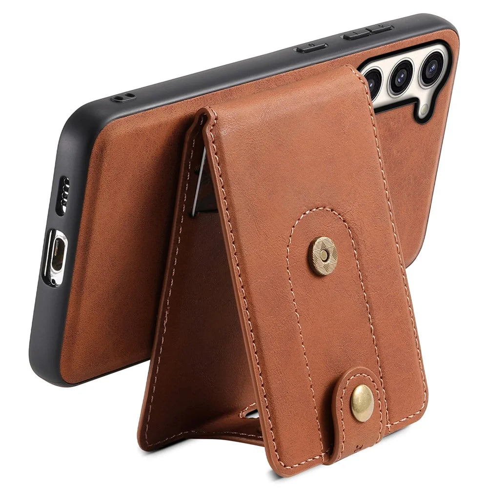 DENIOR D14 For Samsung Galaxy S23+ Kickstand Case Card Holder Phone Cover Magnetic Case - Brown - 3