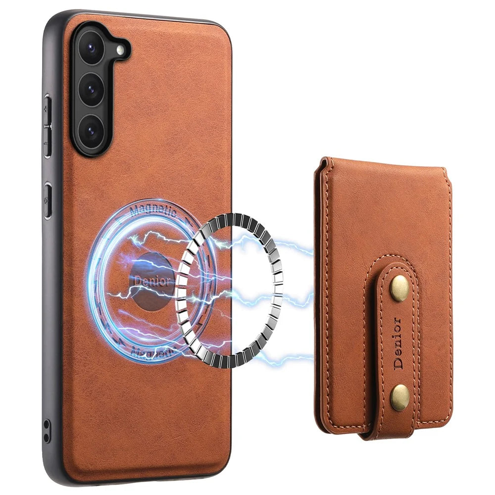 DENIOR D14 For Samsung Galaxy S23 Case Kickstand Card Slots Hybrid Phone Cover Magnetic Case - Brown - 1