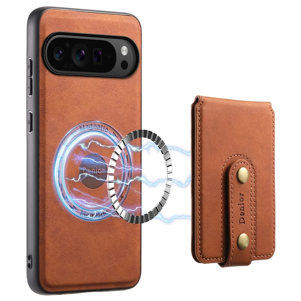DENIOR D14 For Google Pixel 9 Pro / Pixel 9 Magnetic Case 2 in 1 Detachable Card Holder PC+TPU Phone Cover - Brown - 1