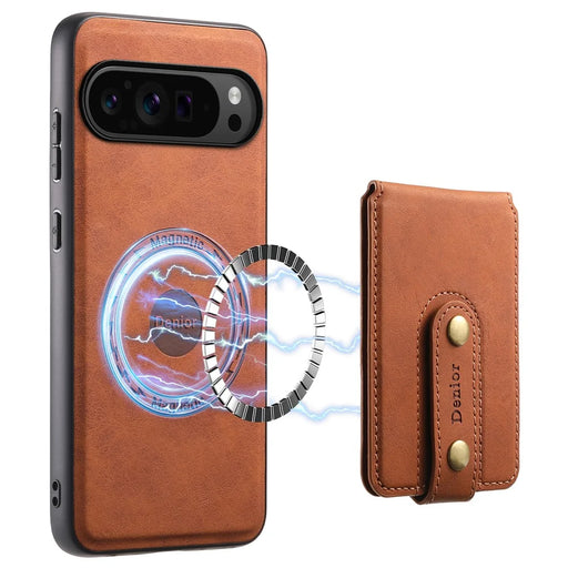 DENIOR D14 For Google Pixel 9 Pro / Pixel 9 Magnetic Case 2 in 1 Detachable Card Holder PC+TPU Phone Cover - Brown - 1