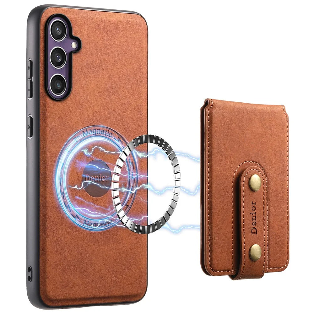 DENIOR D14 For Samsung Galaxy S23 FE Case Card Slots Kickstand Phone Cover Magnetic Case - Brown - 1