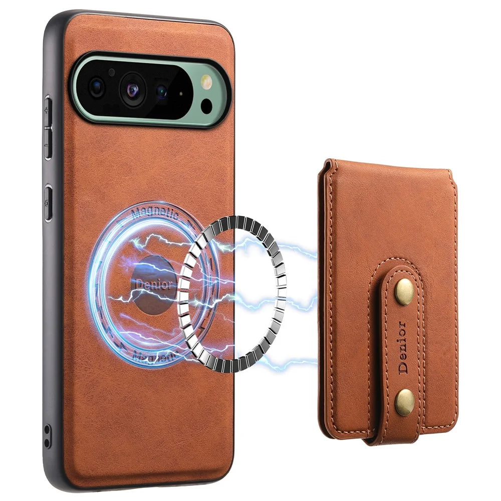 DENIOR D14 For Google Pixel 9 / 9 Pro Magnetic Case Kickstand Card Slots Phone Cover - Brown - 1