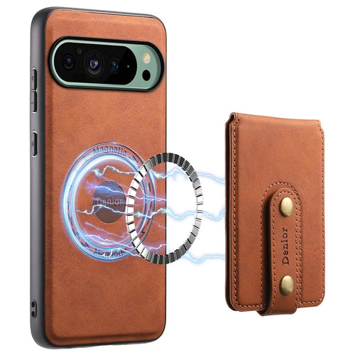 DENIOR D14 For Google Pixel 9 / 9 Pro Magnetic Case Kickstand Card Slots Phone Cover - Brown - 1