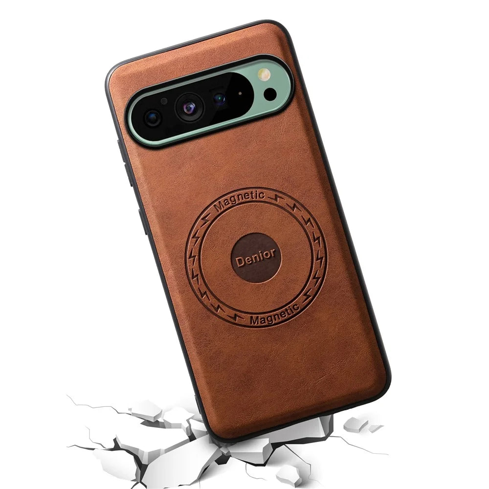 DENIOR D14 For Google Pixel 9 / 9 Pro Magnetic Case Kickstand Card Slots Phone Cover - Brown - 4