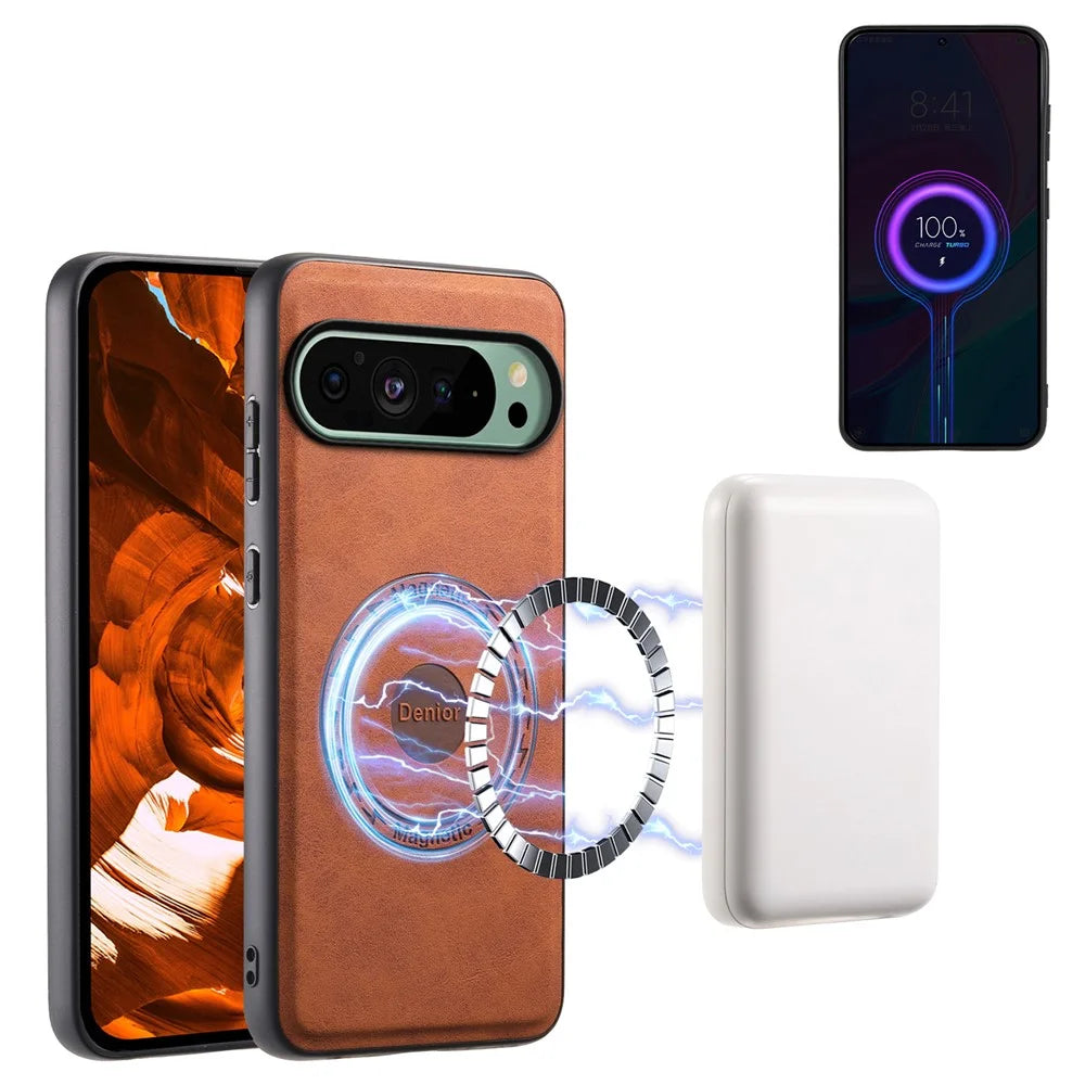 DENIOR D14 For Google Pixel 9 / 9 Pro Magnetic Case Kickstand Card Slots Phone Cover - Brown - 5