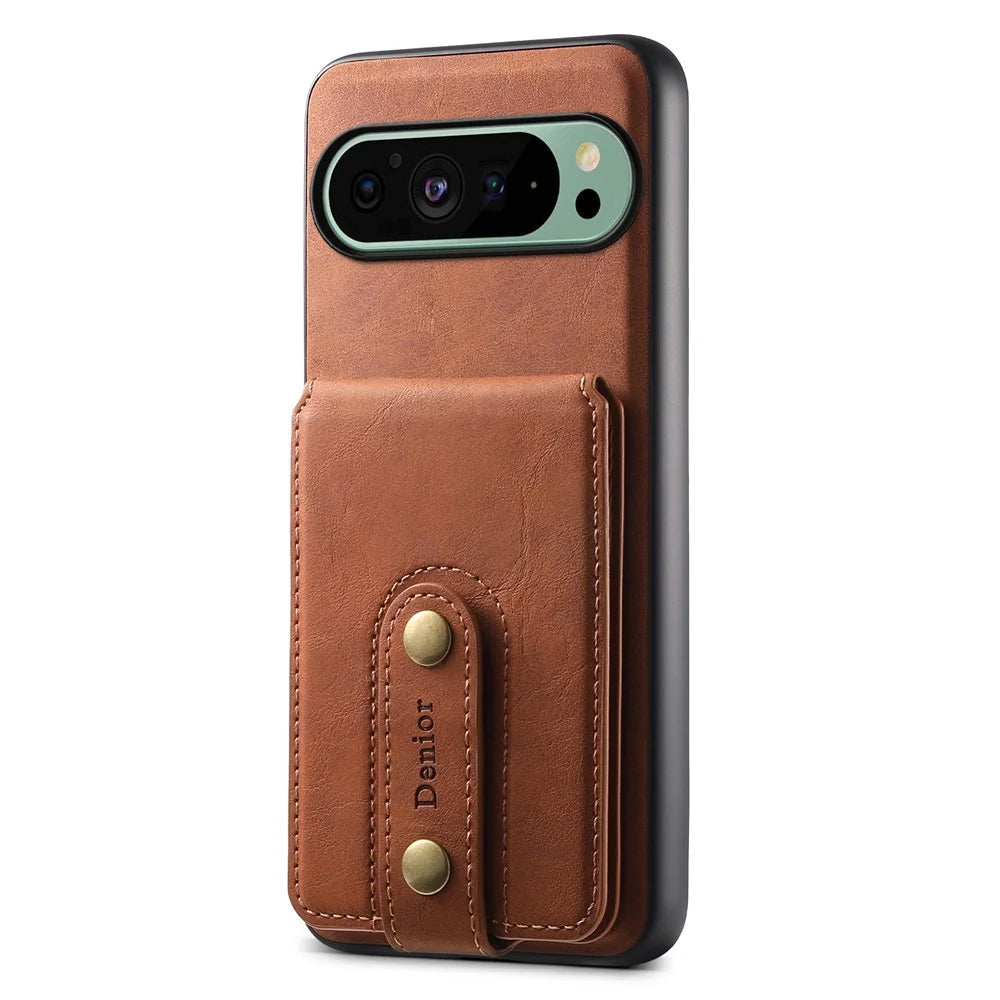DENIOR D14 For Google Pixel 9 / 9 Pro Magnetic Case Kickstand Card Slots Phone Cover - Brown - 6