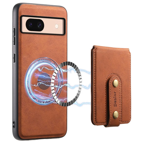 DENIOR D14 For Google Pixel 8a Kickstand Case Card Holder Phone Cover Magnetic Case - Brown - 1