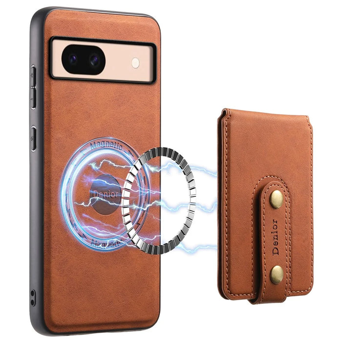 DENIOR D14 For Google Pixel 8a Kickstand Case Card Holder Phone Cover Magnetic Case - Brown - 1