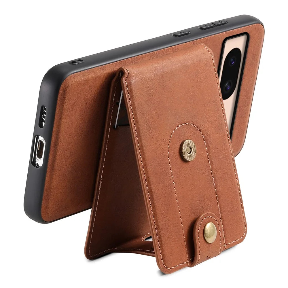 DENIOR D14 For Google Pixel 8a Kickstand Case Card Holder Phone Cover Magnetic Case - Brown - 3