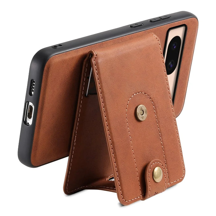 DENIOR D14 For Google Pixel 8a Kickstand Case Card Holder Phone Cover Magnetic Case - Brown - 3
