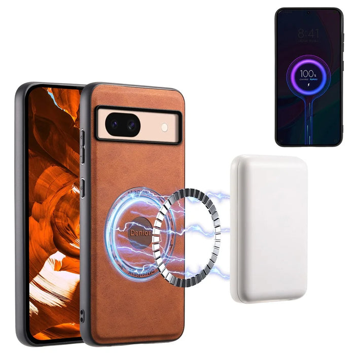 DENIOR D14 For Google Pixel 8a Kickstand Case Card Holder Phone Cover Magnetic Case - Brown - 5