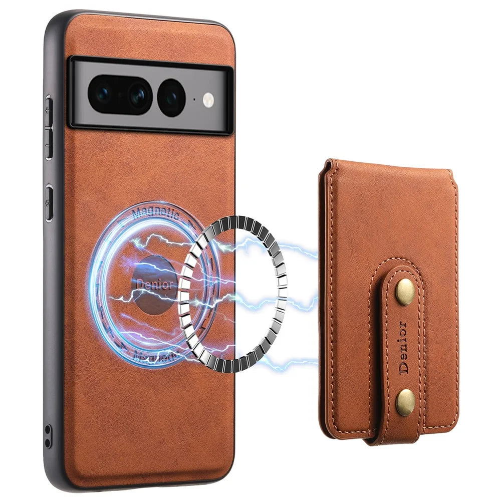 DENIOR D14 For Google Pixel 7 Pro 5G Case Magnetic Case PU+PC+TPU Phone Cover - Brown - 1
