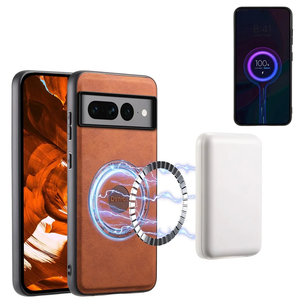 DENIOR D14 For Google Pixel 7 Pro 5G Case Magnetic Case PU+PC+TPU Phone Cover - Brown - 5