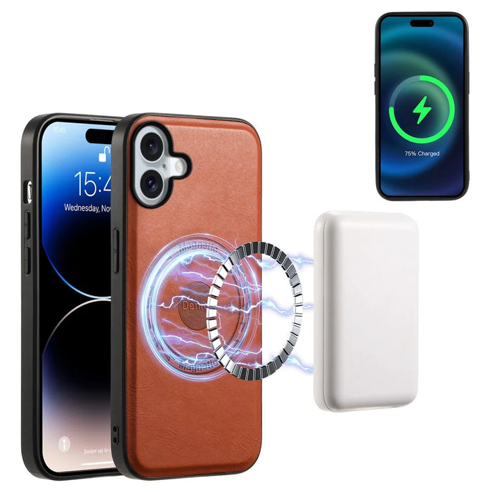 DENIOR D12 For iPhone 16 Case Compatible with Magsafe PU+TPU+PC Phone Cover - Brown - 5