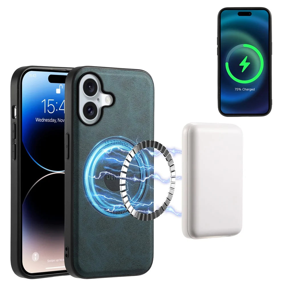 DENIOR A11 For iPhone 16 Case Leather+PC+TPU Phone Cover Compatible with MagSafe Wireless Charging - Blue - 2