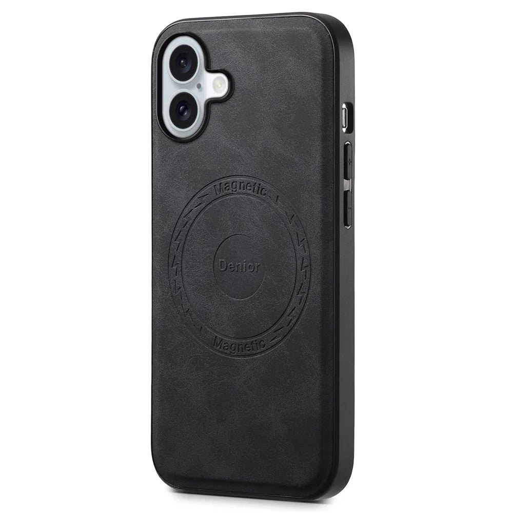 DENIOR A11 For iPhone 16 Plus Magnetic Case Leather+PC+TPU Anti-Scratch Retro Phone Cover - Black - 1