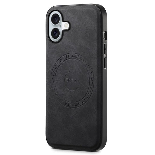 DENIOR A11 For iPhone 16 Plus Magnetic Case Leather+PC+TPU Anti-Scratch Retro Phone Cover - Black - 1