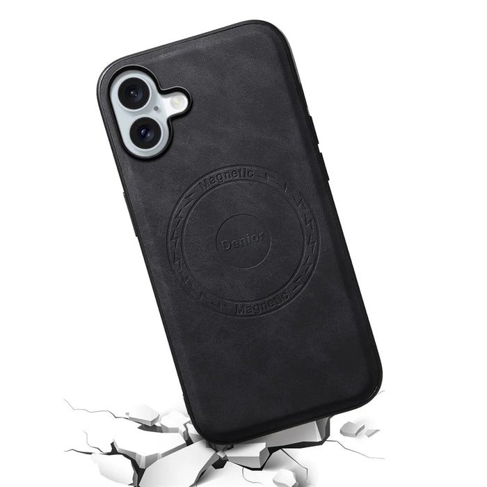 DENIOR A11 For iPhone 16 Plus Magnetic Case Leather+PC+TPU Anti-Scratch Retro Phone Cover - Black - 4