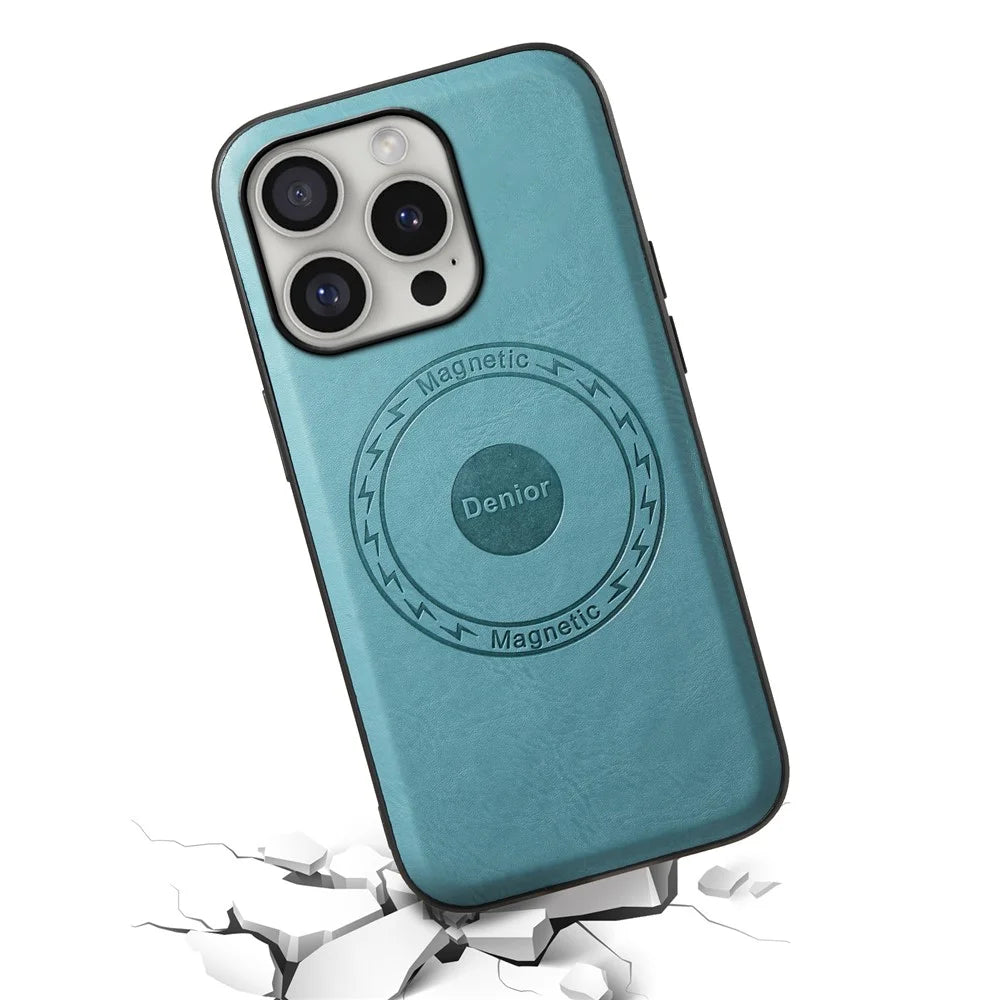 DENIOR A10 for iPhone 16 Pro Max Magnetic Case Non-Slip Leather Coated PC+TPU Phone Cover Cowhide Texture - Blue - 3
