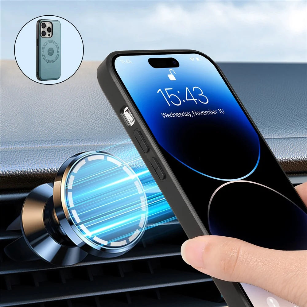 DENIOR A10 for iPhone 16 Pro Max Magnetic Case Non-Slip Leather Coated PC+TPU Phone Cover Cowhide Texture - Blue - 4