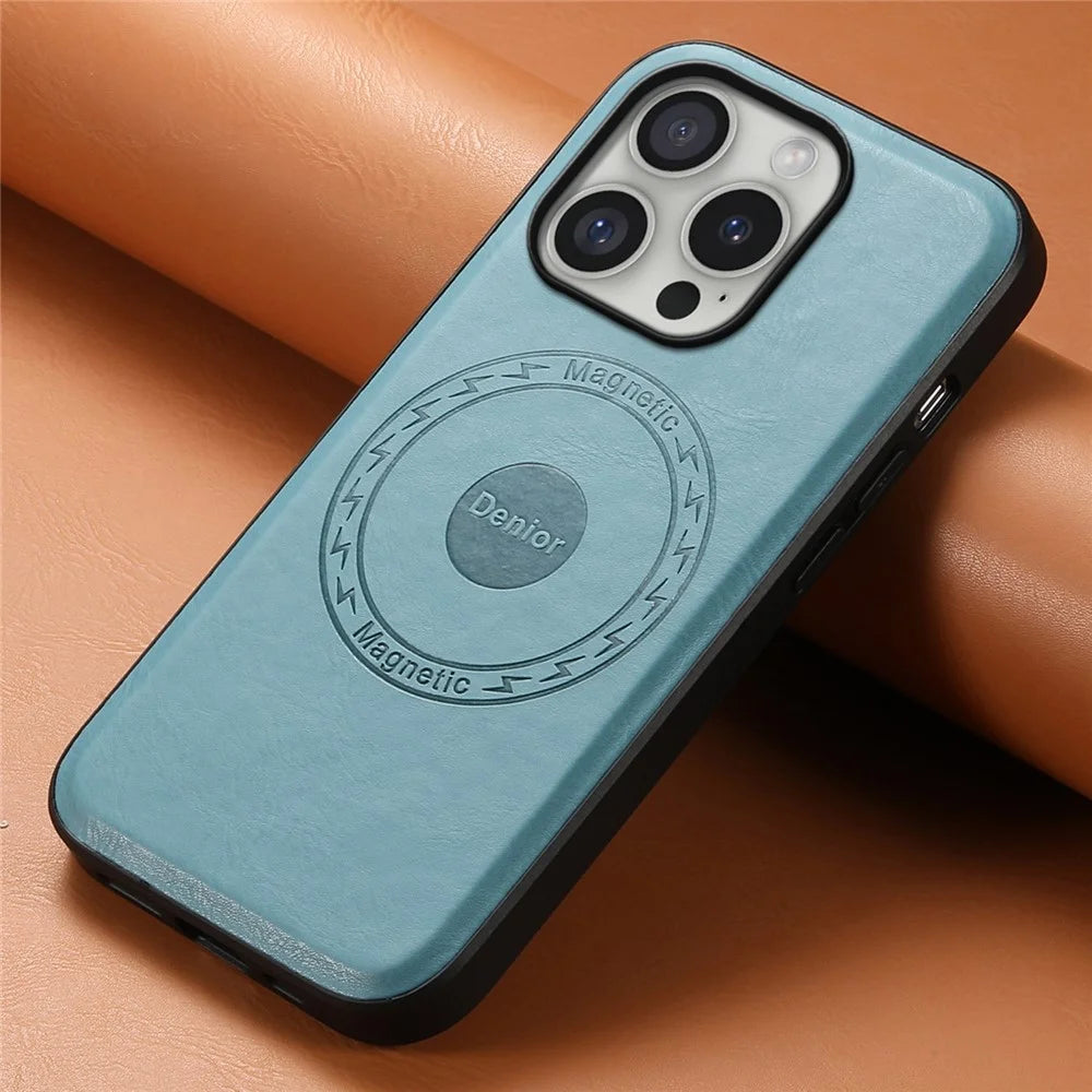 DENIOR A10 for iPhone 16 Pro Max Magnetic Case Non-Slip Leather Coated PC+TPU Phone Cover Cowhide Texture - Blue - 5