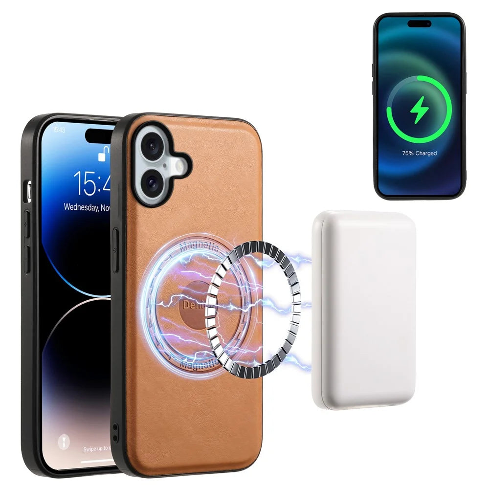 DENIOR A10 for iPhone 16 Case Compatible with MagSafe Cowhide Texture Leather Protective Cover - Khaki - 2