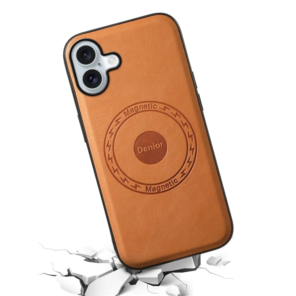 DENIOR A10 for iPhone 16 Case Compatible with MagSafe Cowhide Texture Leather Protective Cover - Khaki - 3