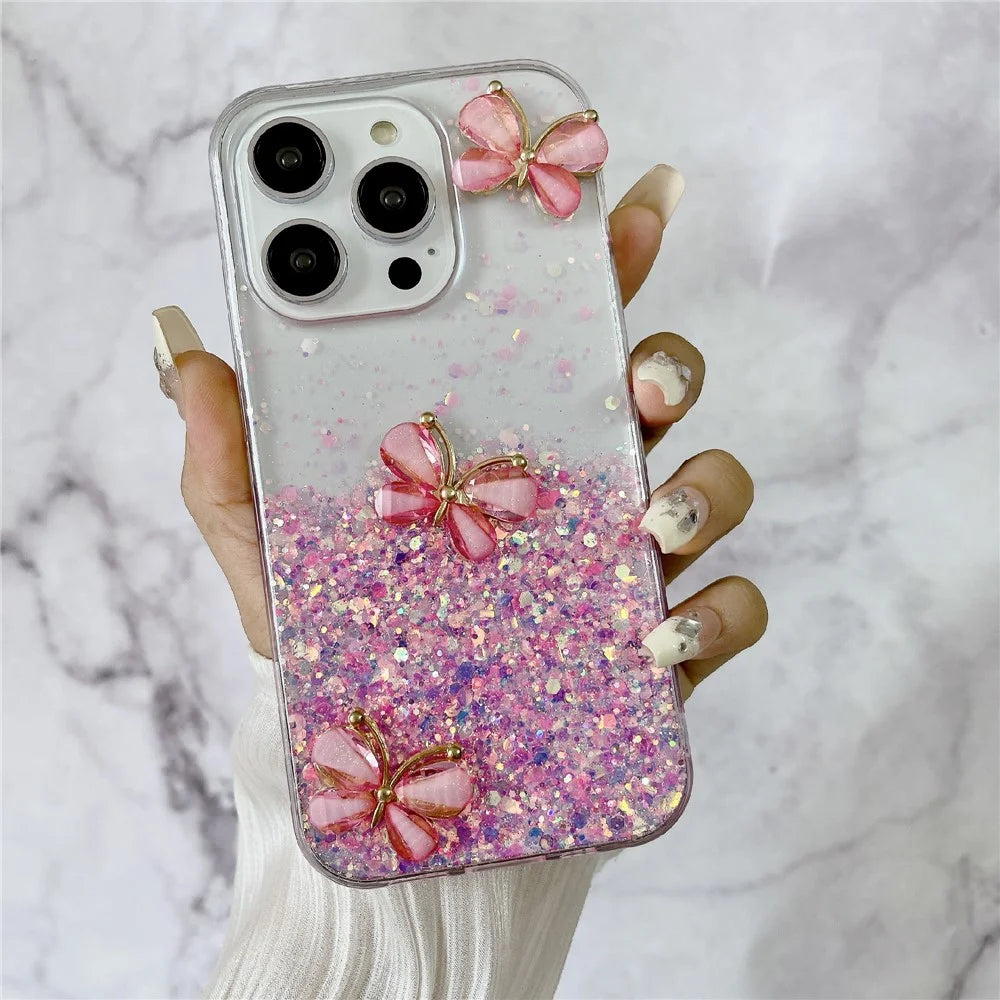 For iPhone 14 Pro Max Case 3D Butterflies Epoxy TPU Phone Cover Luminous Effect - Luminous Pink - 1