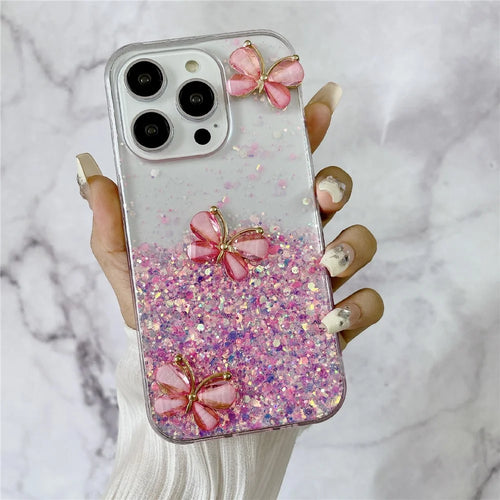For iPhone 14 Pro Max Case 3D Butterflies Epoxy TPU Phone Cover Luminous Effect - Luminous Pink - 1