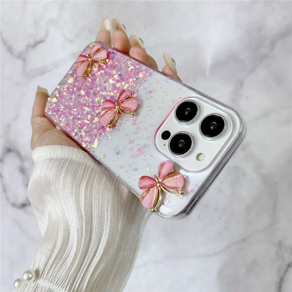 For iPhone 14 Pro Max Case 3D Butterflies Epoxy TPU Phone Cover Luminous Effect - Luminous Pink - 2
