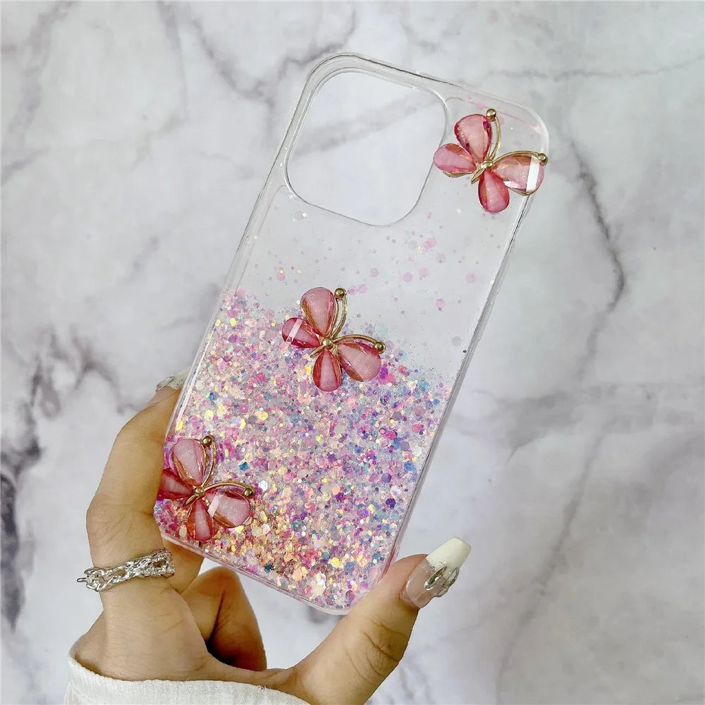 For iPhone 14 Pro Max Case 3D Butterflies Epoxy TPU Phone Cover Luminous Effect - Luminous Pink - 3