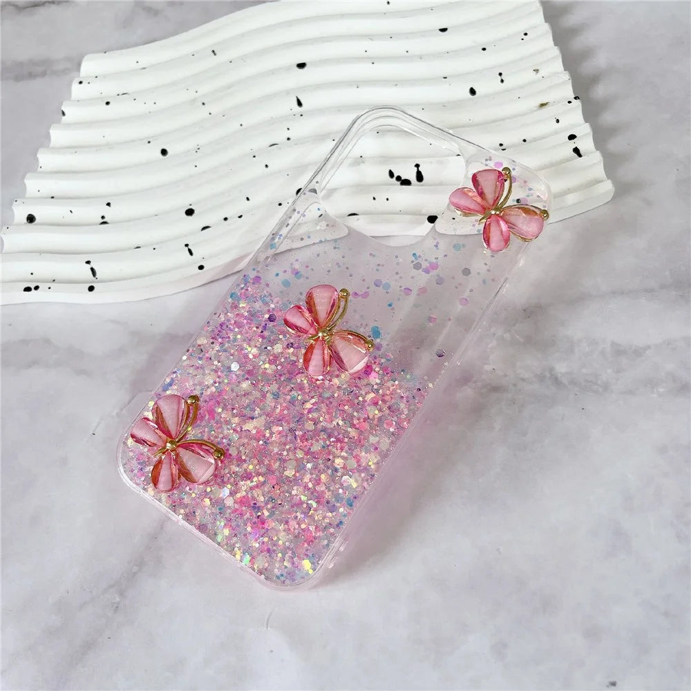For iPhone 14 Pro Max Case 3D Butterflies Epoxy TPU Phone Cover Luminous Effect - Luminous Pink - 4