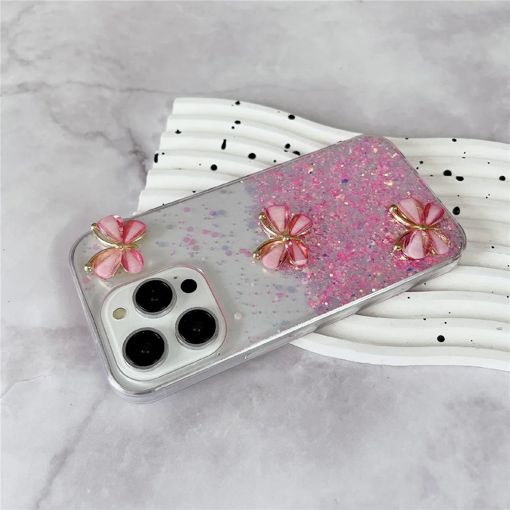 For iPhone 14 Pro Max Case 3D Butterflies Epoxy TPU Phone Cover Luminous Effect - Luminous Pink - 5