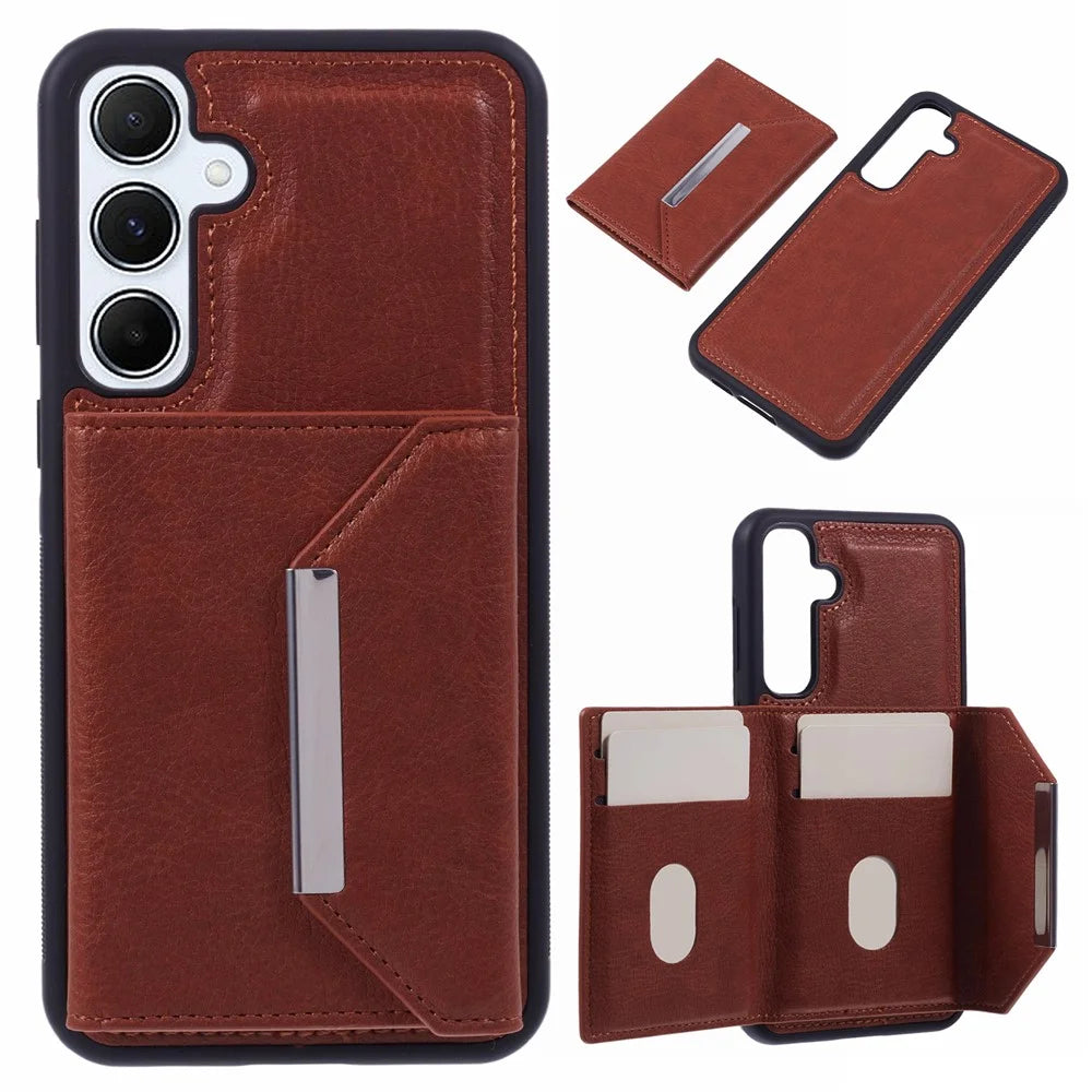 For Samsung Galaxy A14 5G / A14 4G Kickstand Case PU+TPU Phone Cover Card Holder - Brown - 1