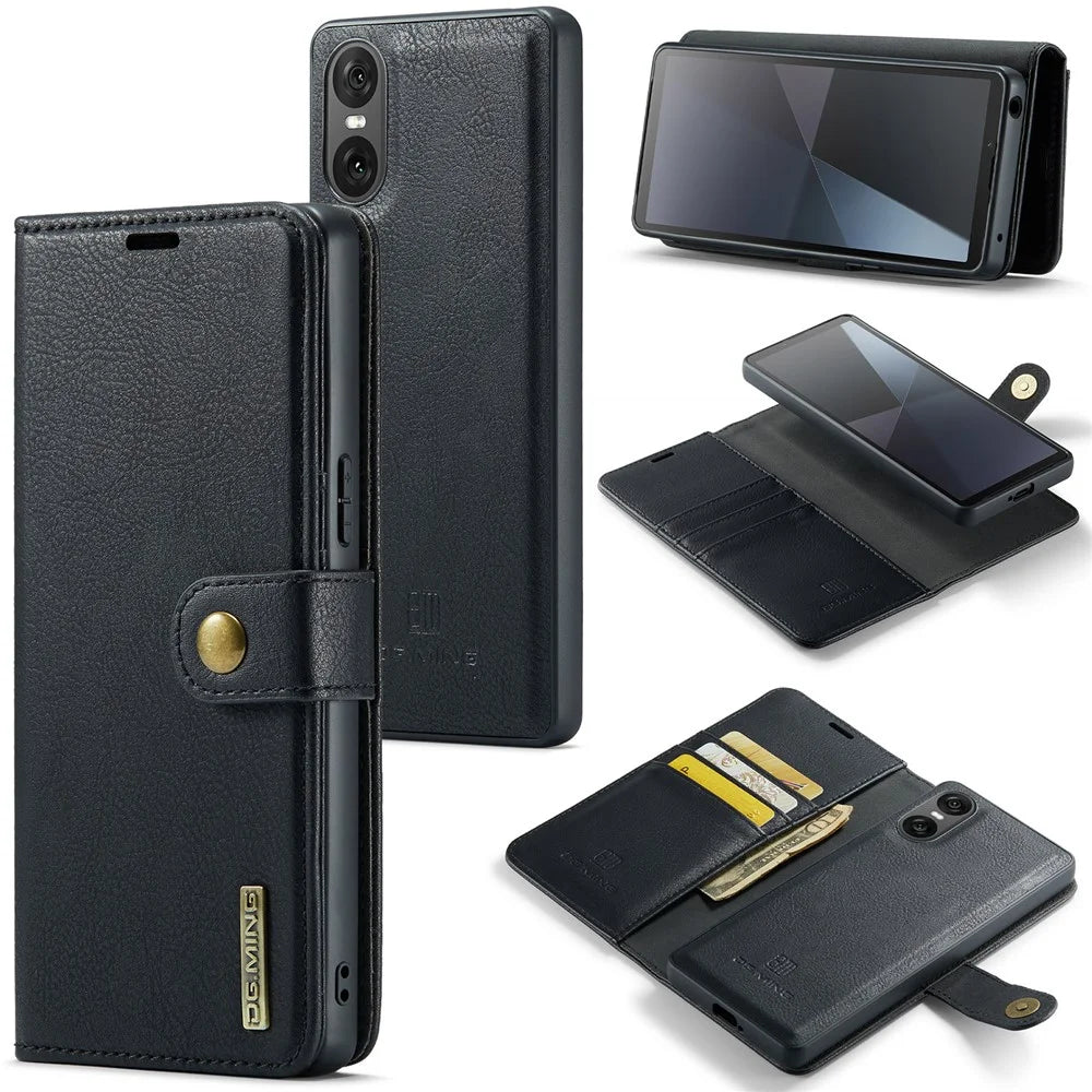 DG.MING for Sony Xperia 10 VI Case Removable 2 in 1 Split Leather Flip Phone Cover - Black - 1